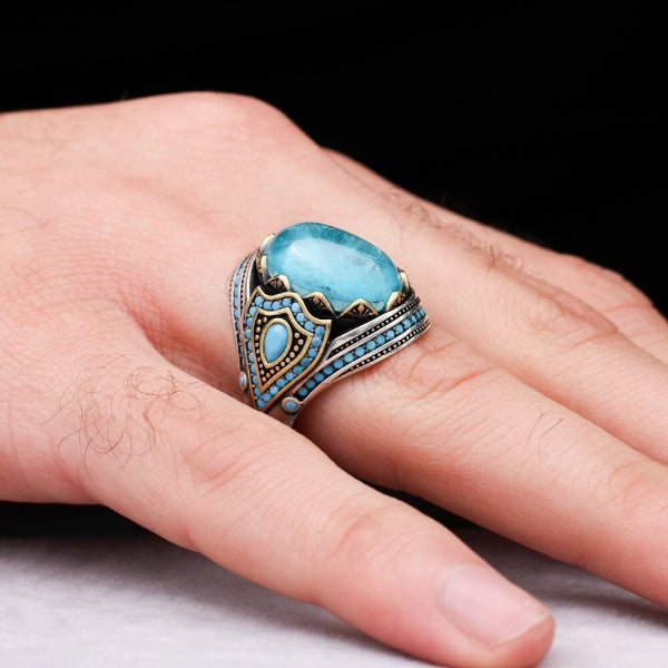 Turkish Paraiba Stone Mens Ring Handmade Premium Design-Boutique Spiritual