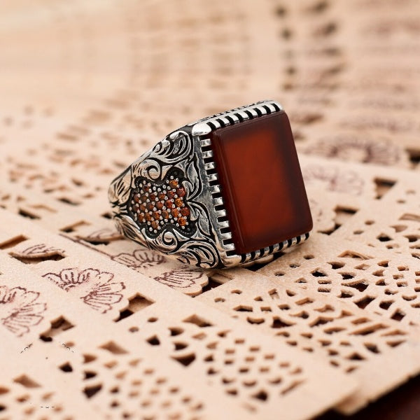 Turkish Handmade Royal Red Agate Silver Luxury Aqeeq Ring - Boutique Spiritual