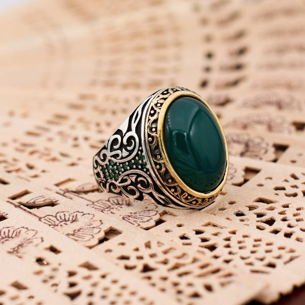 Turkish Green Agate Handmade Sterling Silver Luxury Aqeeq Ring - Boutique Spiritual