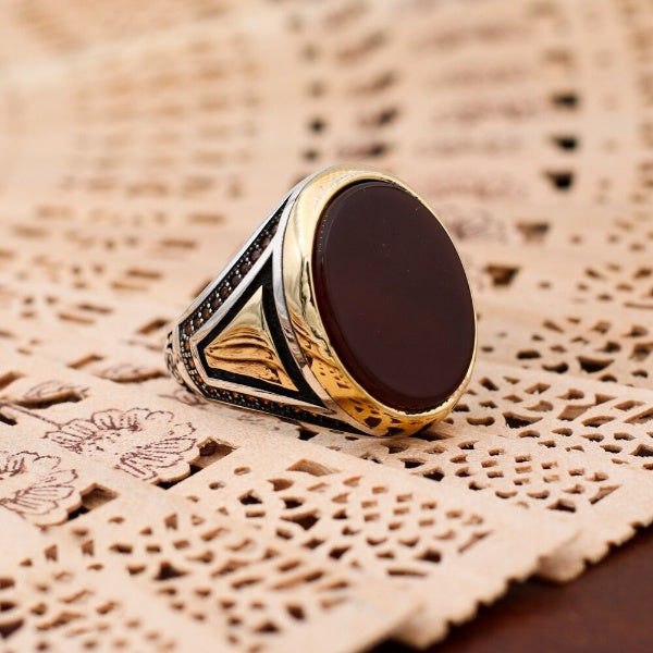 Islamic Yemeni Aqeeq stone Ring, Turkish Handmade Silver Men Ring - Boutique Spiritual
