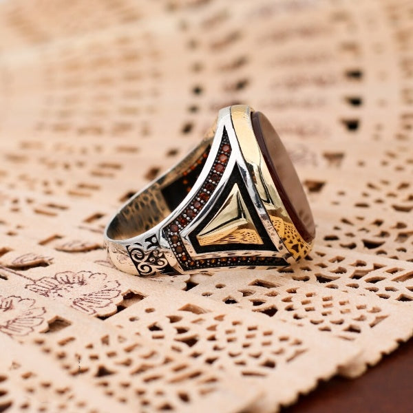 Islamic Yemeni Aqeeq stone Ring, Turkish Handmade Silver Men Ring-Boutique Spiritual