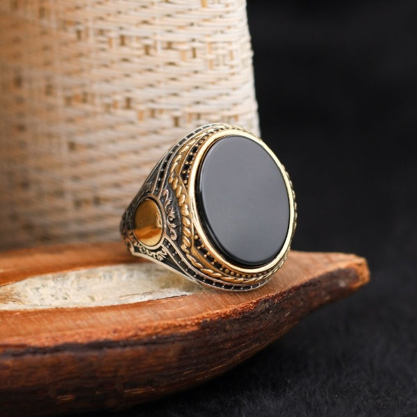 Islamic Black Aqeeq Stone Ring, Turkish Handmade Silver Men Ring-Boutique Spiritual