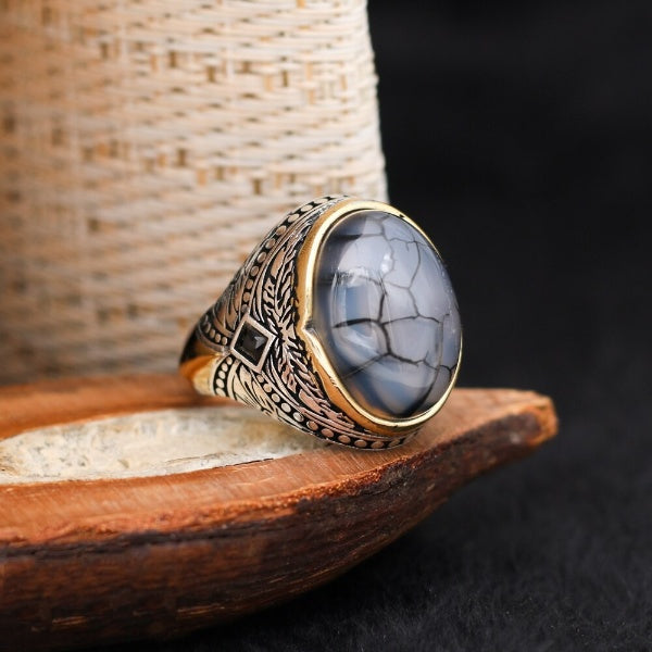 Islamic Royal Black Aqeeq Stone Ring, Turkish Handmade Silver Ring For Men - Boutique Spiritual