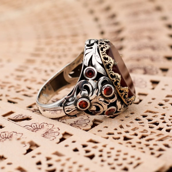 Islamic Yemeni Aqeeq stone Ring, Turkish Handmade Fancy Silver Ring for men - Boutique Spiritual