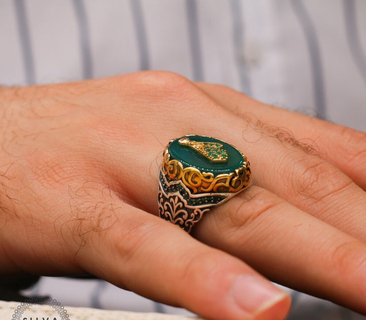 Turkish Handmade Royal Green Agate Golden Luxury Aqeeq Ring-Boutique Spiritual