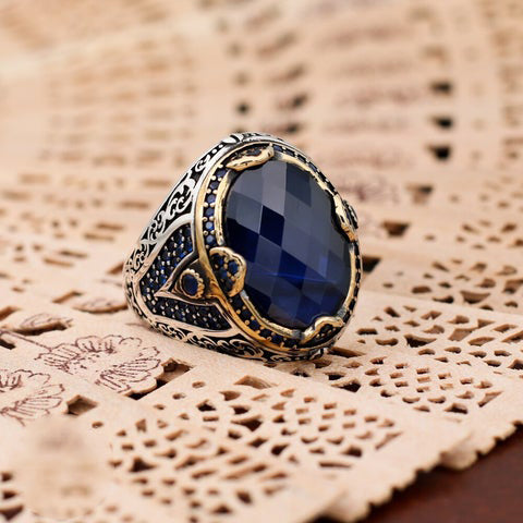 Turkish Handmade Blue Agate Silver Gold Luxury Aqeeq Ring-Boutique Spiritual