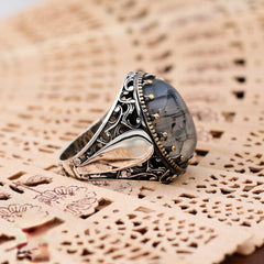 Turkish Handmade Royal Black Agate Silver Luxury Aqeeq Ring - Boutique Spiritual