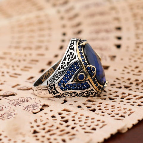 Turkish Handmade Blue Agate Silver Gold Luxury Aqeeq Ring-Boutique Spiritual
