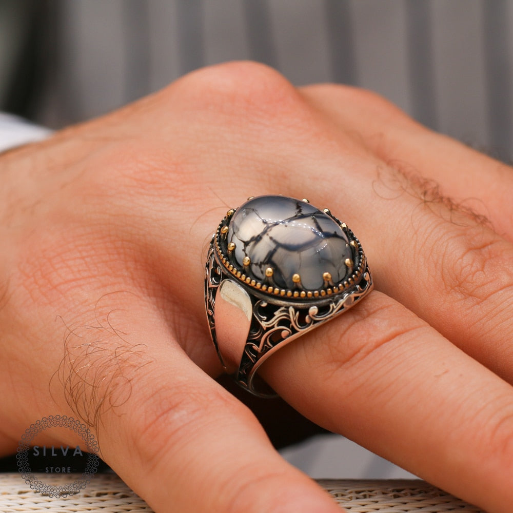 Turkish Handmade Grayish Agate Black Luxury Vintage Aqeeq Ring - Boutique Spiritual
