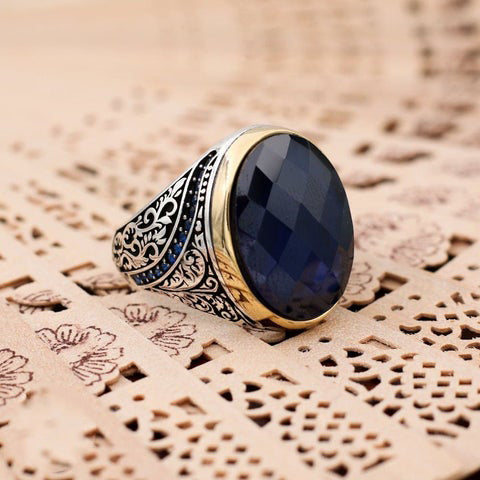 Turkish Handmade Royal Blue ish Agate Golden Luxury Aqeeq Ring-Boutique Spiritual