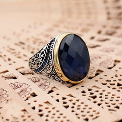 Turkish Handmade Royal Blue ish Agate Golden Luxury Aqeeq Ring - Boutique Spiritual