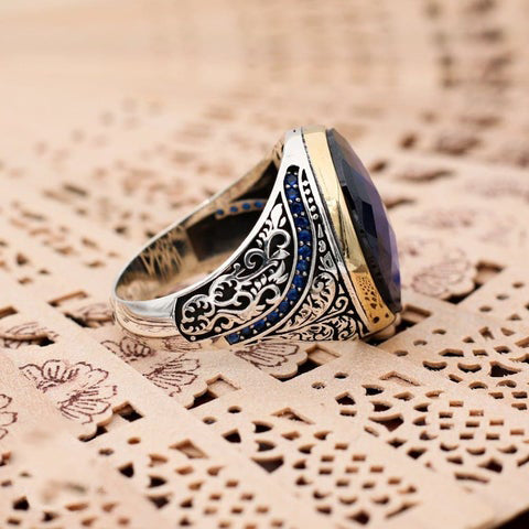 Turkish Handmade Royal Blue ish Agate Golden Luxury Aqeeq Ring-Boutique Spiritual