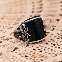 Turkish Handmade Black Agate Silver Luxury Aqeeq Ring - Boutique Spiritual