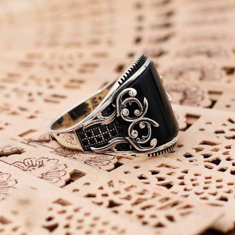Turkish Handmade Black Agate Silver Luxury Aqeeq Ring - Boutique Spiritual