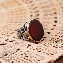 Turkish Handmade Red Agate Golden Luxury Aqeeq Ring - Boutique Spiritual