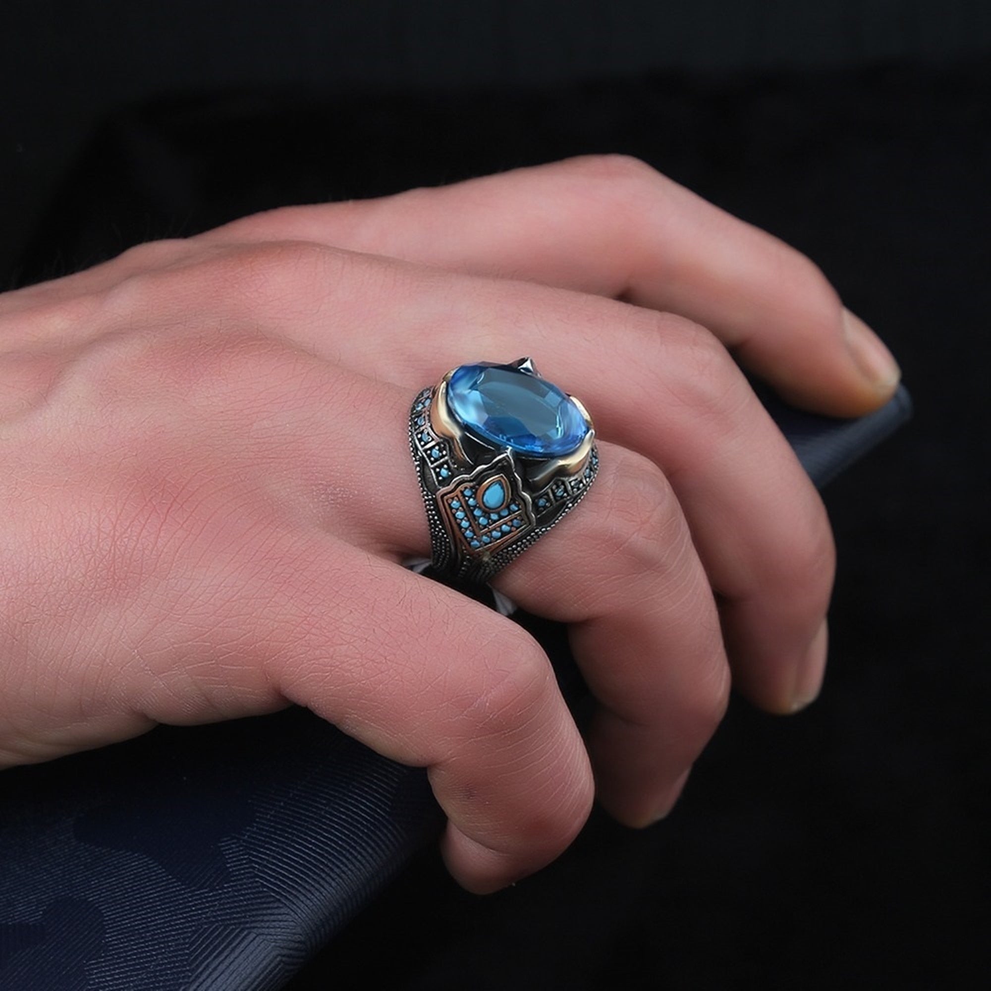 Turkish Aquamarine Stone Men's Ring Handmade Special Design - Boutique Spiritual