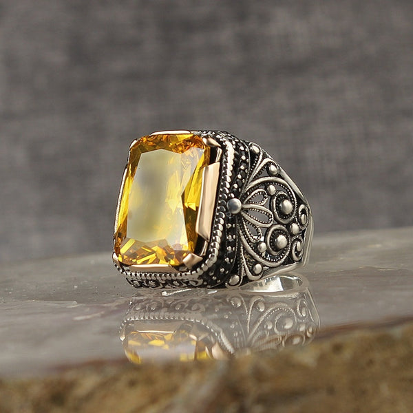 Turkish Citrine Stone Fancy Sliver Men Ring Limited Edition HandmadeDesign-Boutique Spiritual