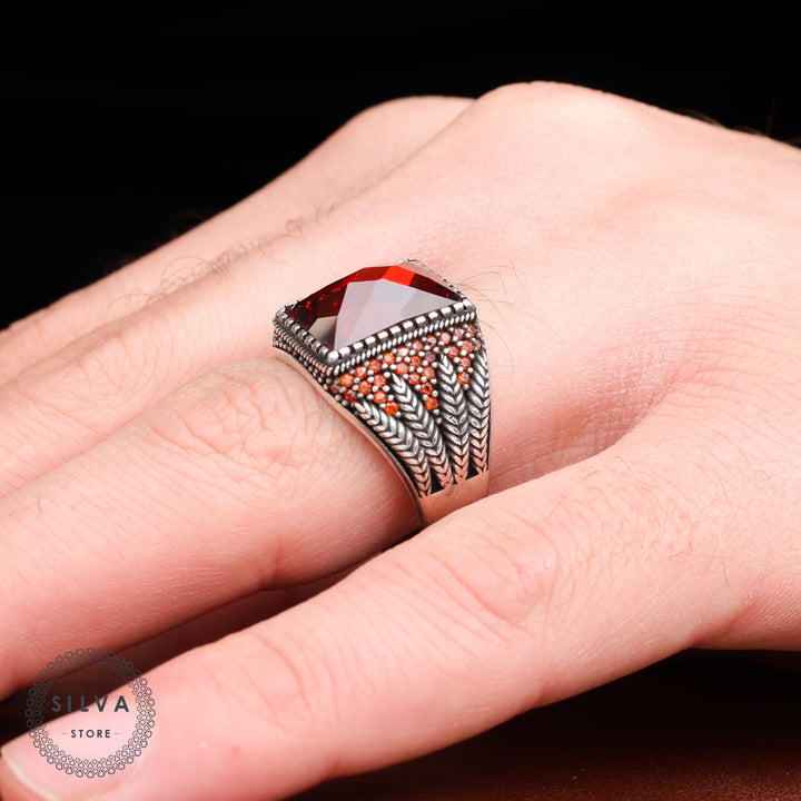 Turkish Red Zircon Men's Ring Handmade Exclusive Design-Boutique Spiritual