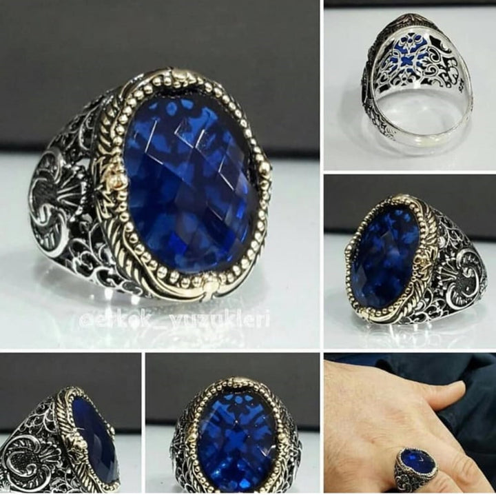 Turkish Sapphire Stone Men's Ring Handmade Special Design-Boutique Spiritual