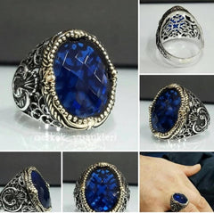 Turkish Sapphire Stone Men's Ring Handmade Special Design - Boutique Spiritual