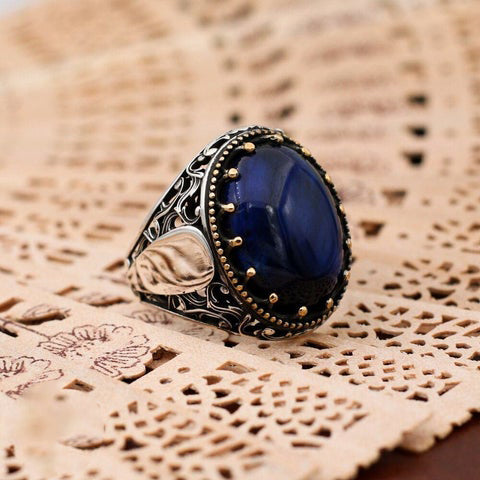 Turkish Handmade Dark Blue Agate Silver Luxury Aqeeq Ring-Boutique Spiritual