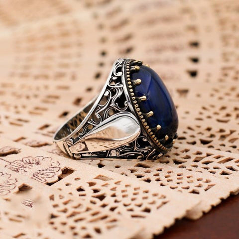 Turkish Handmade Dark Blue Agate Silver Luxury Aqeeq Ring-Boutique Spiritual