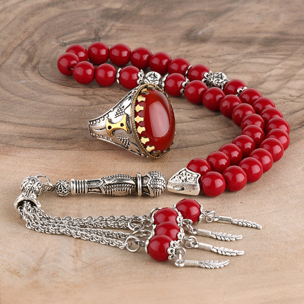 Turkish Blood Red Aqeeq Stone Silver Men's Ring With Rosary-Boutique Spiritual