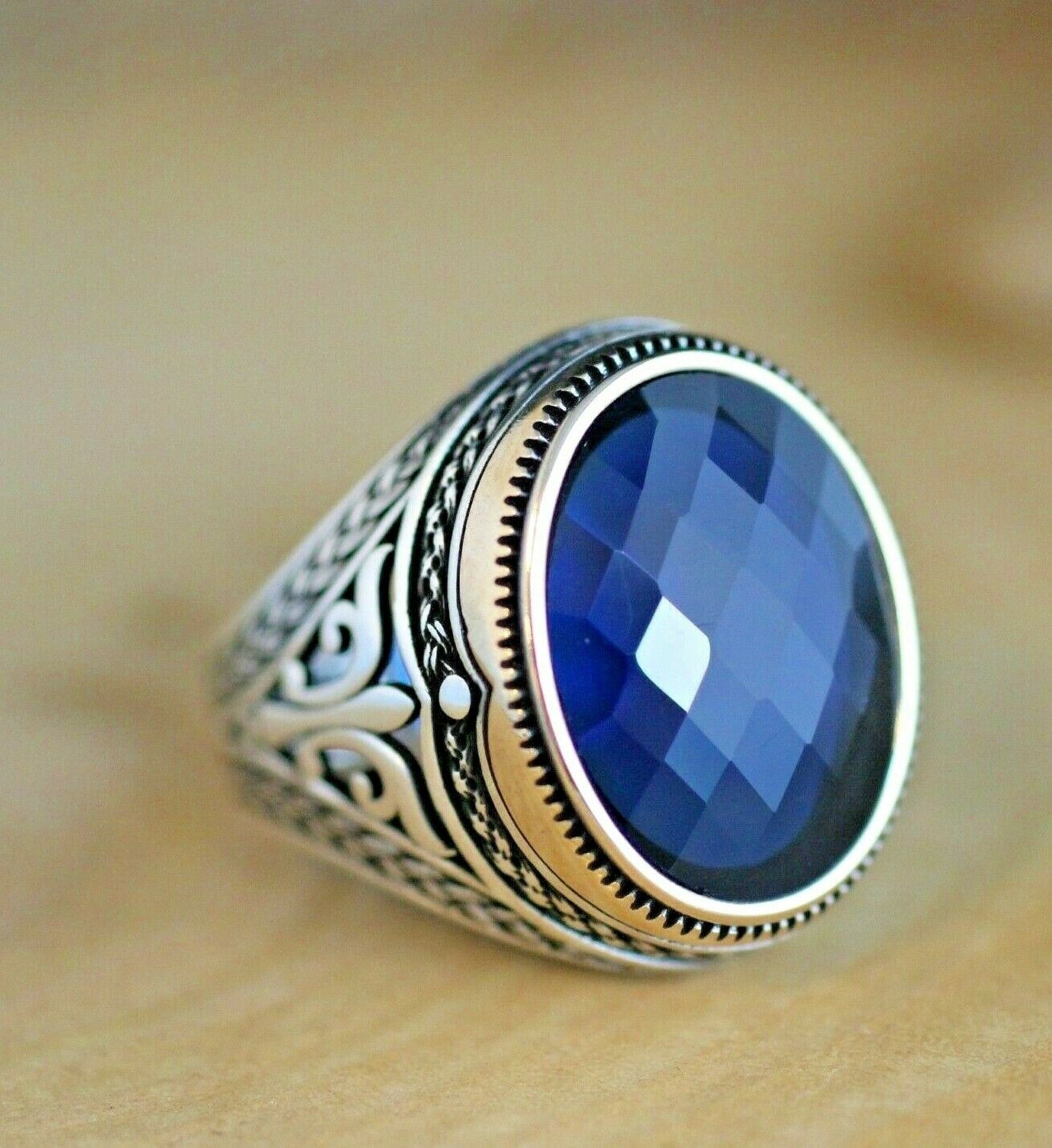 Turkish Sapphire Stone Men's Ring Handmade Special Design - Boutique Spiritual
