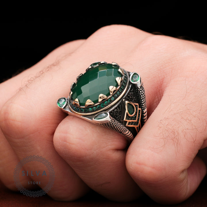 Turkish Handmade Royal Green Agate Silver Luxury Aqeeq Ring-Boutique Spiritual