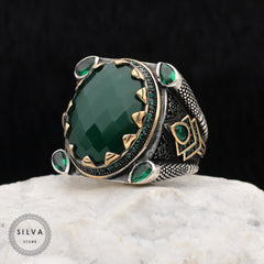 Turkish Handmade Royal Green Agate Silver Luxury Aqeeq Ring - Boutique Spiritual