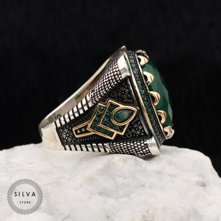 Turkish Handmade Royal Green Agate Silver Luxury Aqeeq Ring-Boutique Spiritual