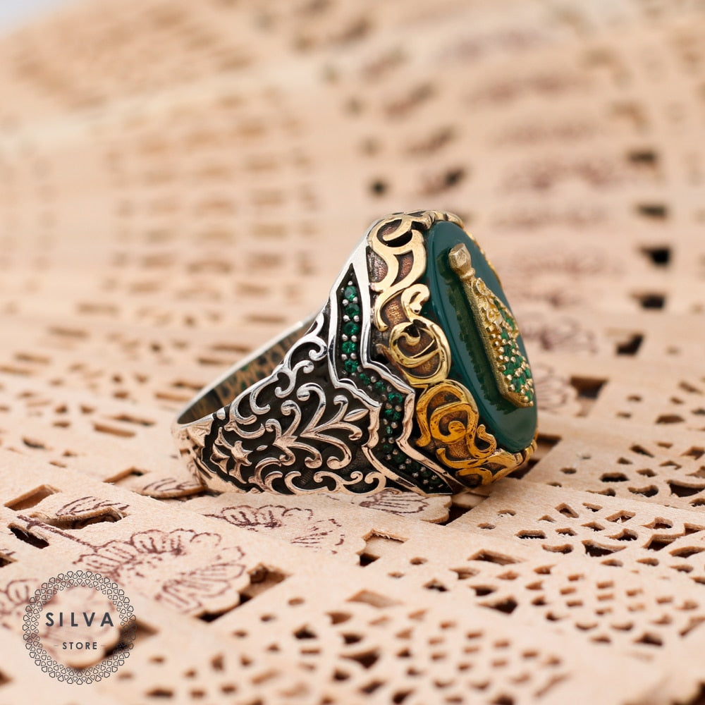 Turkish Handmade Royal Green Agate Golden Luxury Aqeeq Ring - Boutique Spiritual