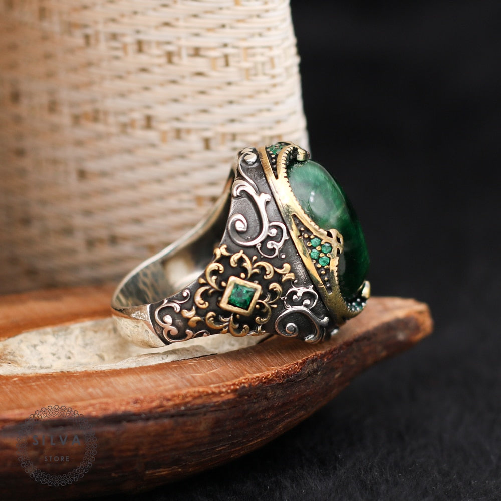Babylon Silver Handmade 925 Sterling Ring – Genuine Green Tourmaline, Ottoman Style, All Sizes