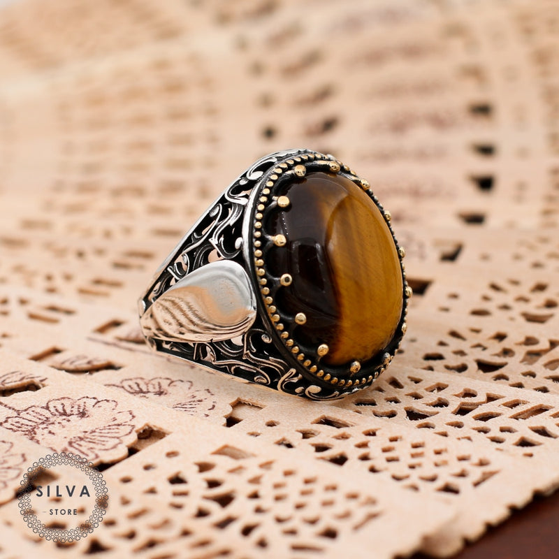 Turkish Tiger Eye Stone Mens Ring Handmade Premium Design - Boutique Spiritual
