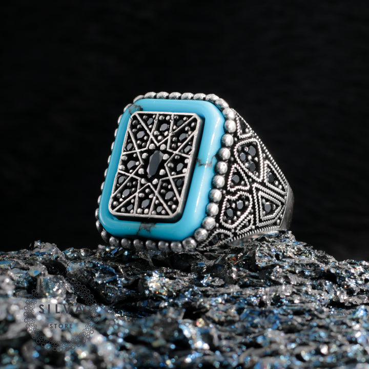 Turkish Black Zircon and With Turquoise Stone Handmade Exclusive Design Ring - Boutique Spiritual