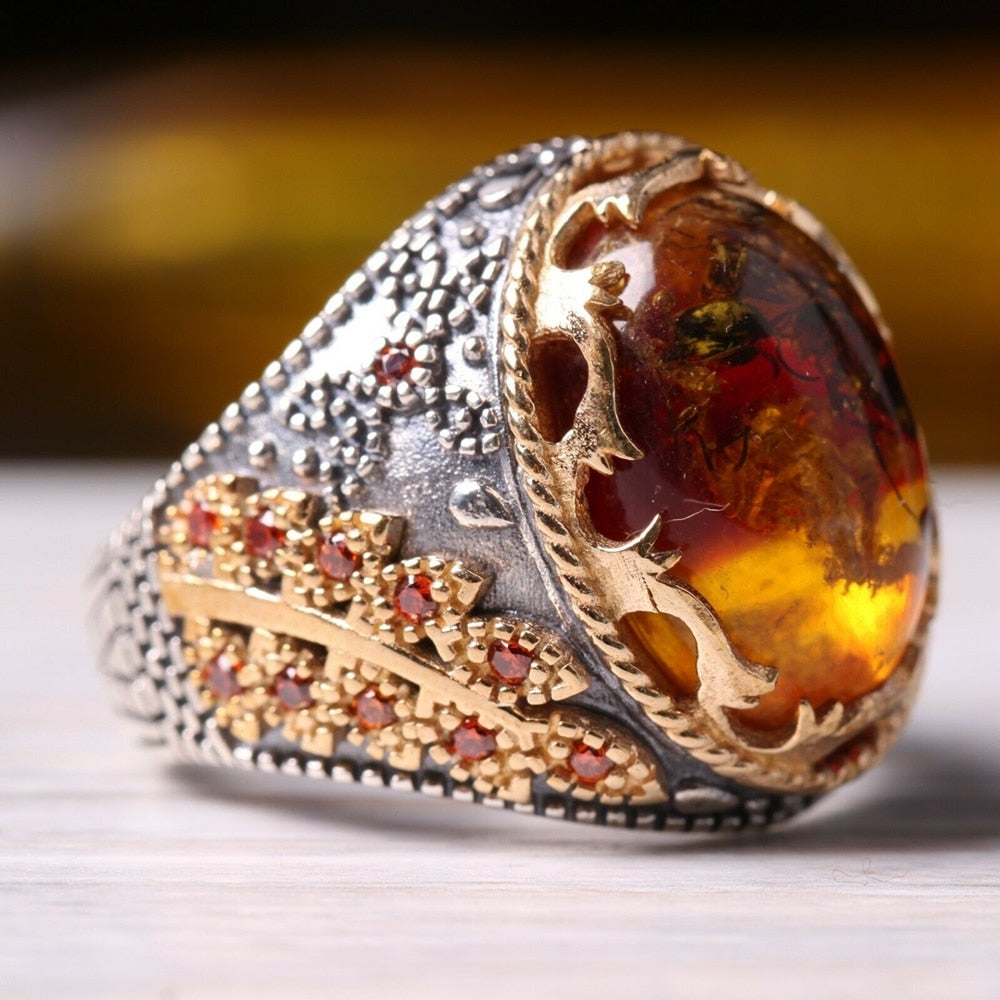Turkish Fossil Amber Stone Ring Limited Edition Design - Boutique Spiritual