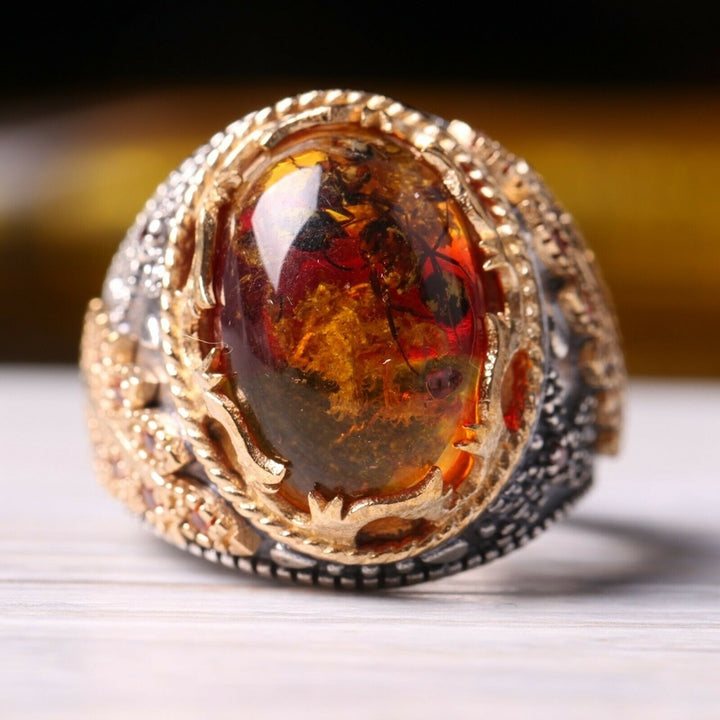 Turkish Fossil Amber Stone Ring Limited Edition Design - Boutique Spiritual