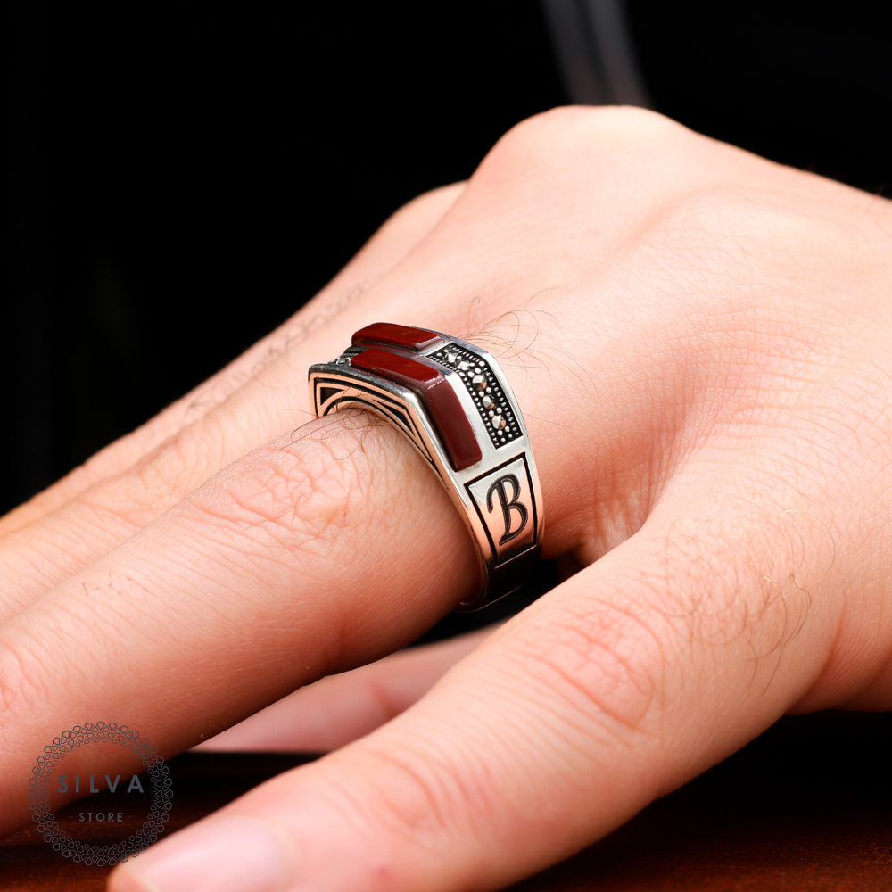 Turkish Customizable Zircon And Bakelite Stone Ring ( Two Letters Can Be Written) - Boutique Spiritual
