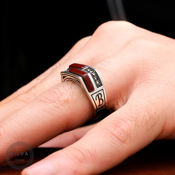 Turkish Customizable Zircon And Bakelite Stone Ring ( Two Letters Can Be Written)-Boutique Spiritual