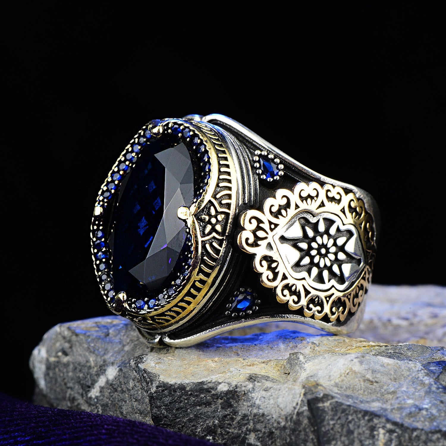 Turkish Blue Zircon Embroidered Ottoman Style Limited Edition Ring - Boutique Spiritual