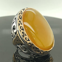 Turkish Yellow Agate Big Stone Men's Handmade Vintage Design Aqeeq Ring - Boutique Spiritual
