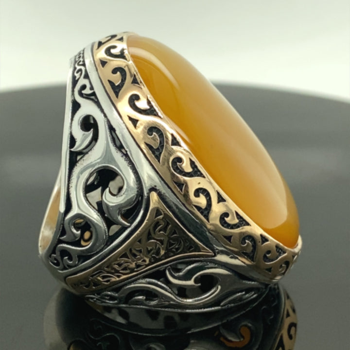 Turkish Yellow Agate Big Stone Men's Handmade Vintage Design Aqeeq Ring-Boutique Spiritual